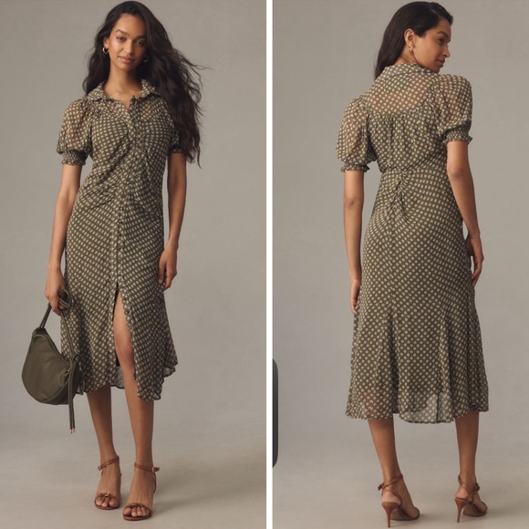 Anthropologie Dresses & Skirts - Anthropologie Puff Sleeve Ruched Mesh Midi Shirt Dress New With Tags